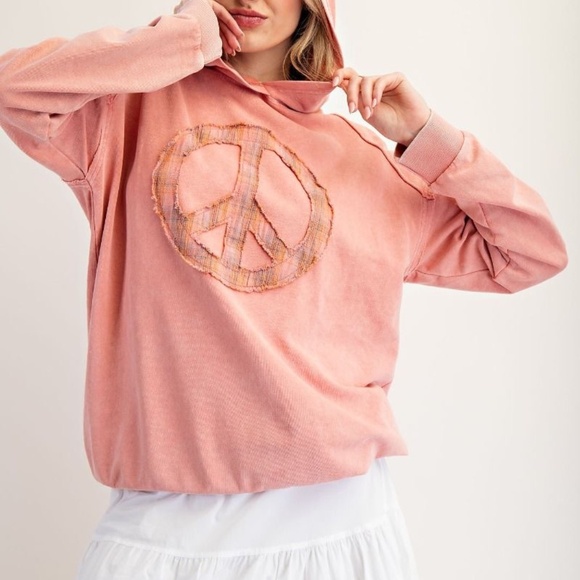 NEW EASEL CLOTHING WASHED TERRY KNIT PULLOVER PEACE HOODIE CORAL - Picture 9 of 10